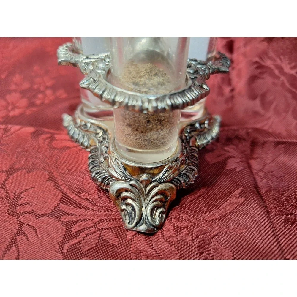Vintage‎ Ornate Silver Tone Condiment Caddy with 3 Glass Shakers Brass Lids